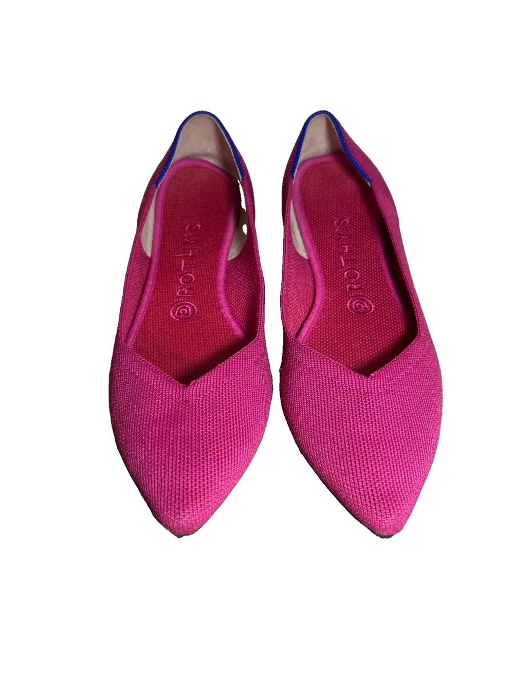 Rothy’s Women’s Knit Slip On Flats Pink & Blue Contrast Trim Pointed Toe Size 9